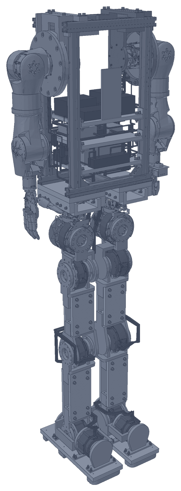 Isometric line render of Walker V2 from the full Onshape assembly: aluminium frame torso, pod shoulders, plated legs