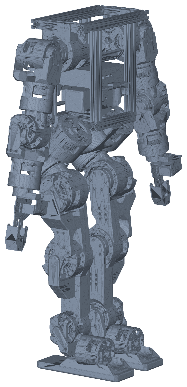 Isometric CAD render of Walker, a tall headless biped with long legs and compact torso
